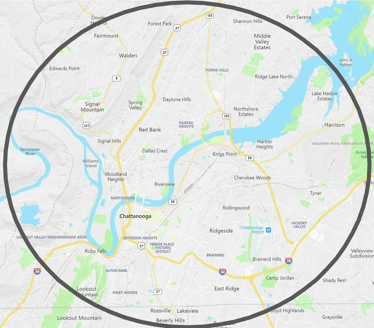 Map of the Pest Tech service area: a roughly 30-minute radius around Chattanooga, Tennessee, covering neighborhoods from Signal Mountain and Walden down to East Ridge and Rossville, and from Lookout Mountain east to Harrison and Tyner.